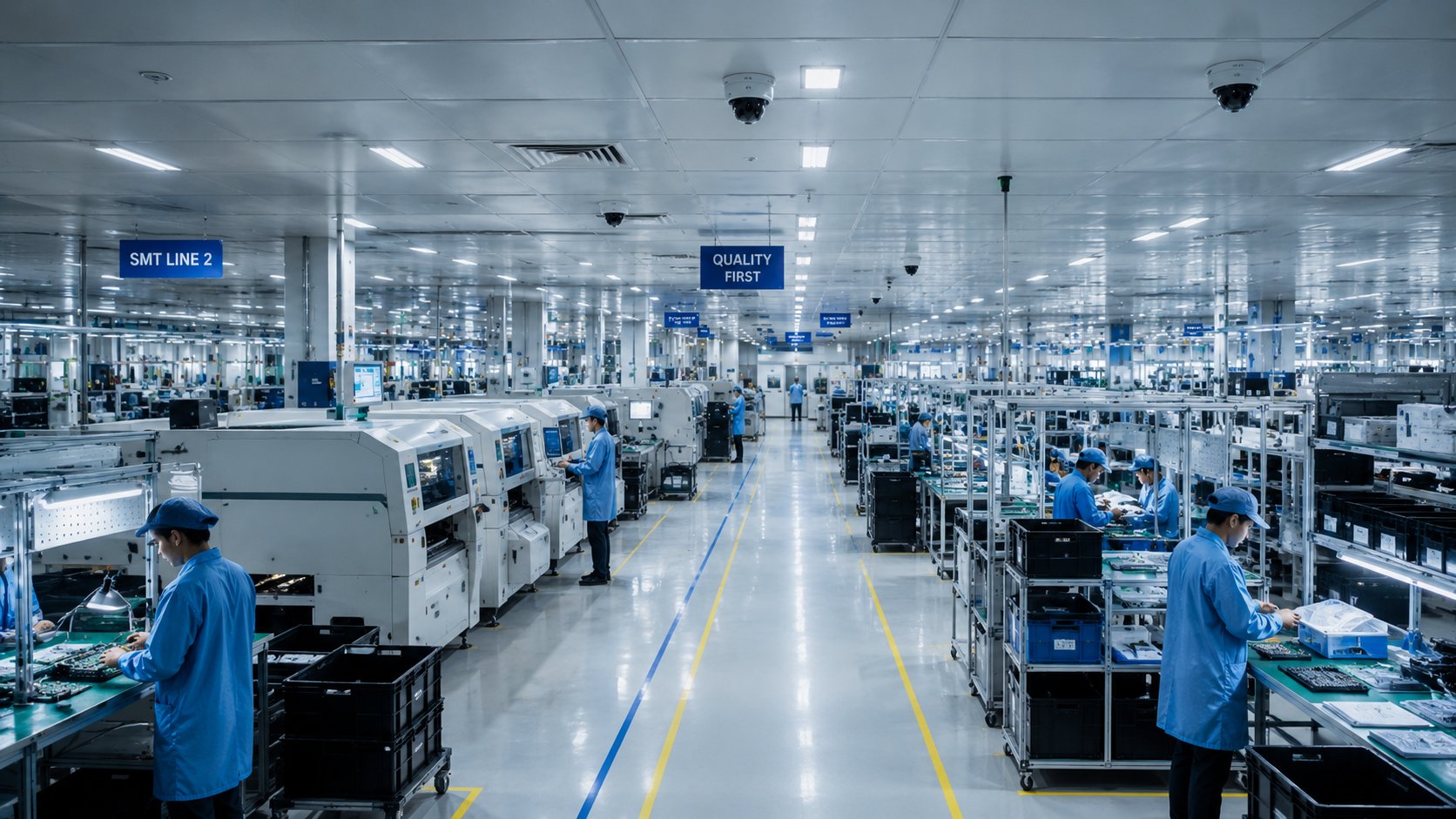 Electronics manufacturing facility with IP cameras deployed across the production floor